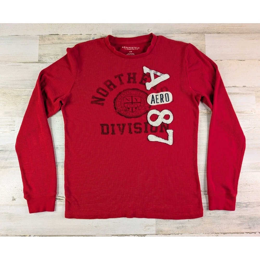 Aeropostale Mens Large Red Waffle Knit Thermal Embroidered Y2K Shirt Long Sleeve